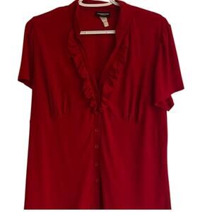 Perception Woman Red Top with Ruffles Empire Waist V-neck Work Professional